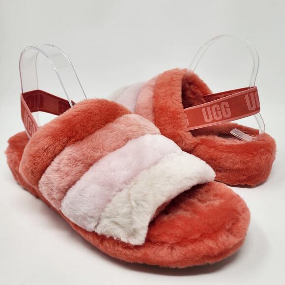 UGG Sheepskin Slides Women 11 Fluff Yeah Pink Peach Ombre Stripe Comfort Slipper - Picture 3 of 12